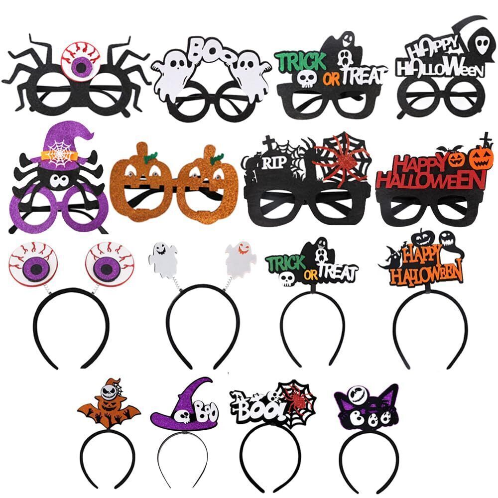 7834 16 PCS Halloween Headbands and Glasses Bulk with Pumpkin, Bat, Skull &